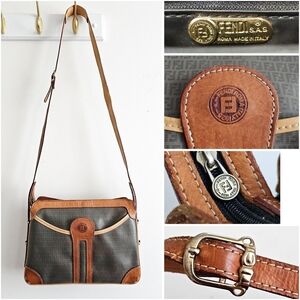 Vintage Fendi Roma Italy Zucca Coated Fabric & Leather Equestrian Crossbody Bag